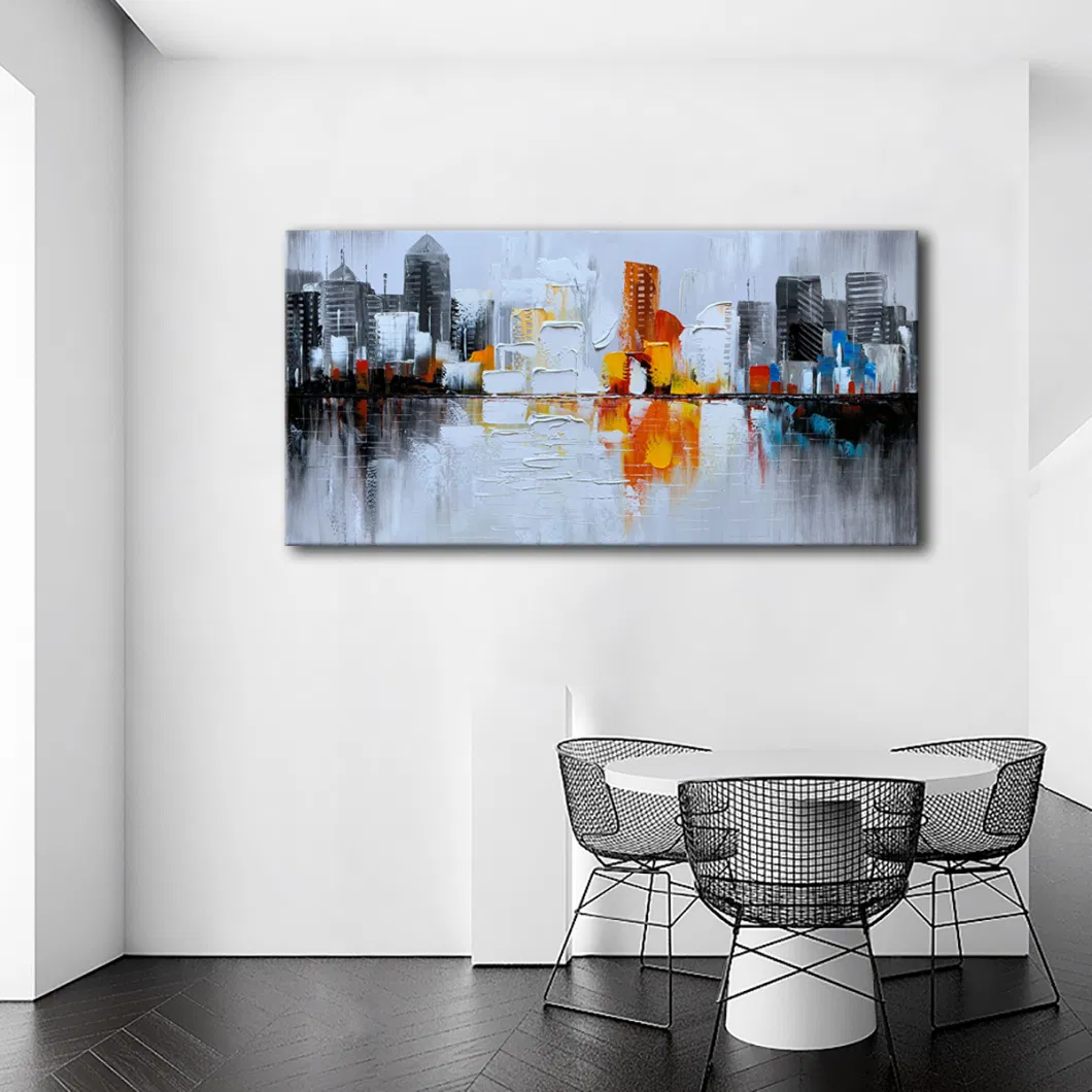 Hand Painted Textured City Oil Painting 3D Cityscape Abstract Wall Art with Thick Oil Paint