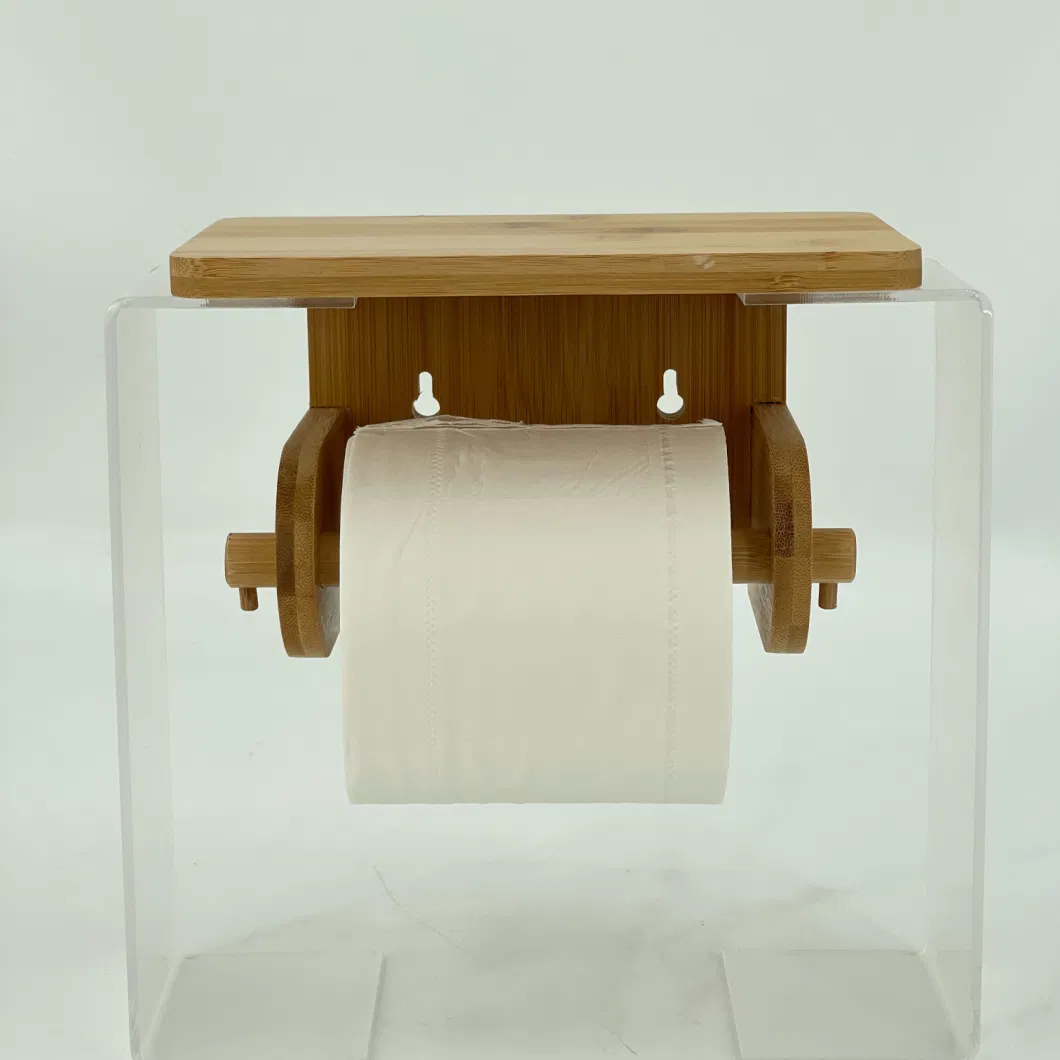 Bamboo Bathroom Toilet Tissue Paper Roll Holder with Shelf Wall Mounted