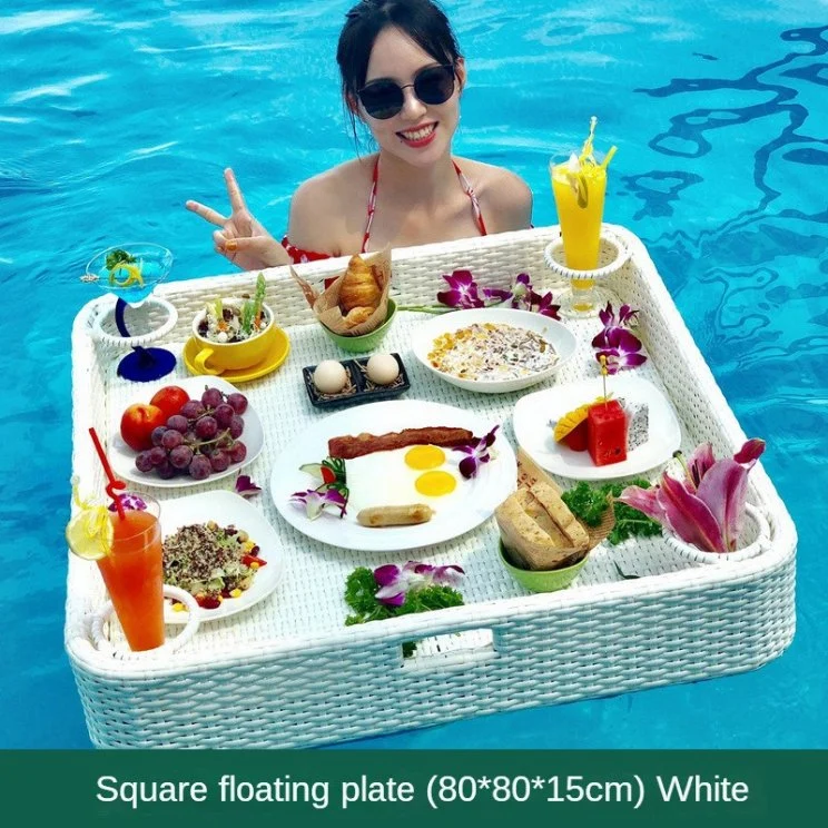 Water Food Rattan Serving Tray Floating Breakfast Tray for Swimming Pool