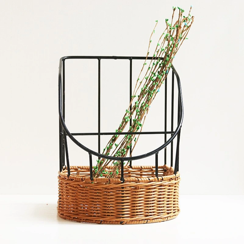 Handmade Rattan Woven Iron Plastic Sundries Storage Basket with a Handle