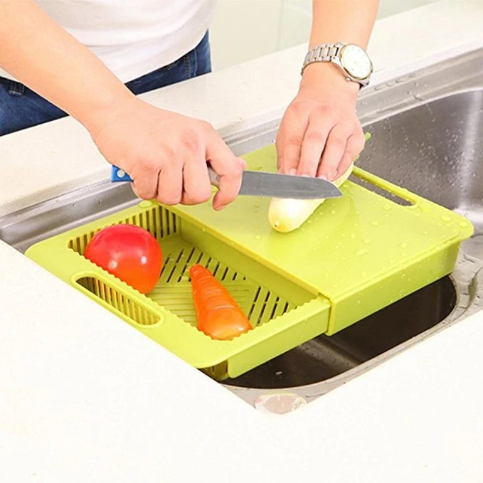 Sink Cutting Board with Handle,3 in 1 Multifunctional Removable Chopping Blocks Filter Frame, Vegetables Drainage with Drain Basket Shelf Kitchen Tools Esg10530