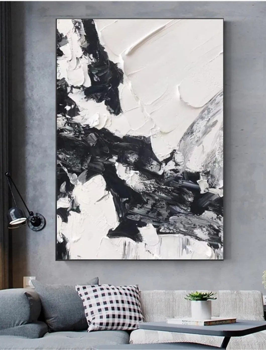 Handmade Black and White Heavy Textured Abstract Oil Painting on Canvas 3D Wall Art