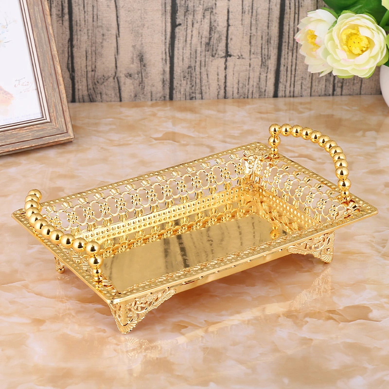 Rectangular Golden Fruit Basket with Mirror Glass Decorative Tray with Handle