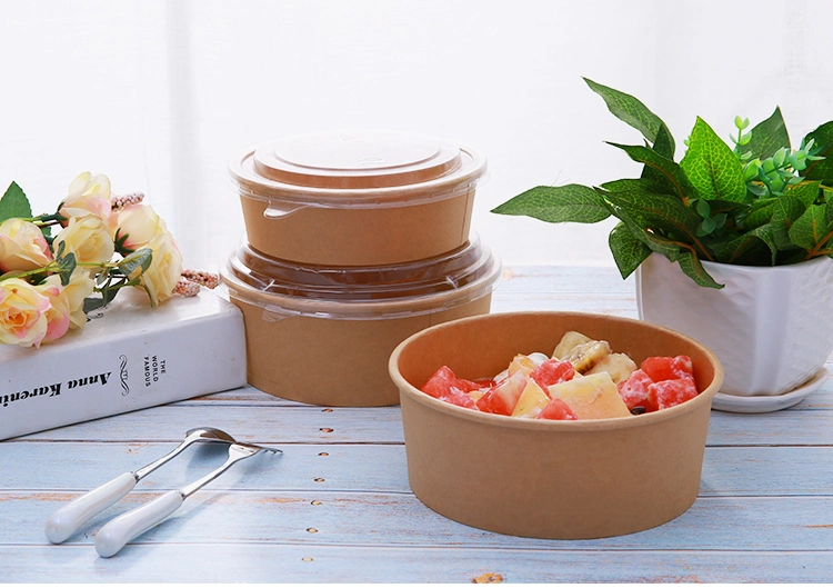 500ml Food Grade Disposable Fried Chicken Fruit Salad Kraft Paper Bowl with Paper Lid