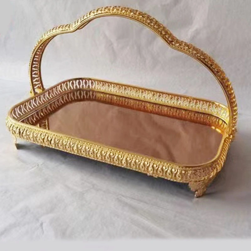 Rectangular Golden Fruit Basket with Mirror Glass Decorative Tray with Handle