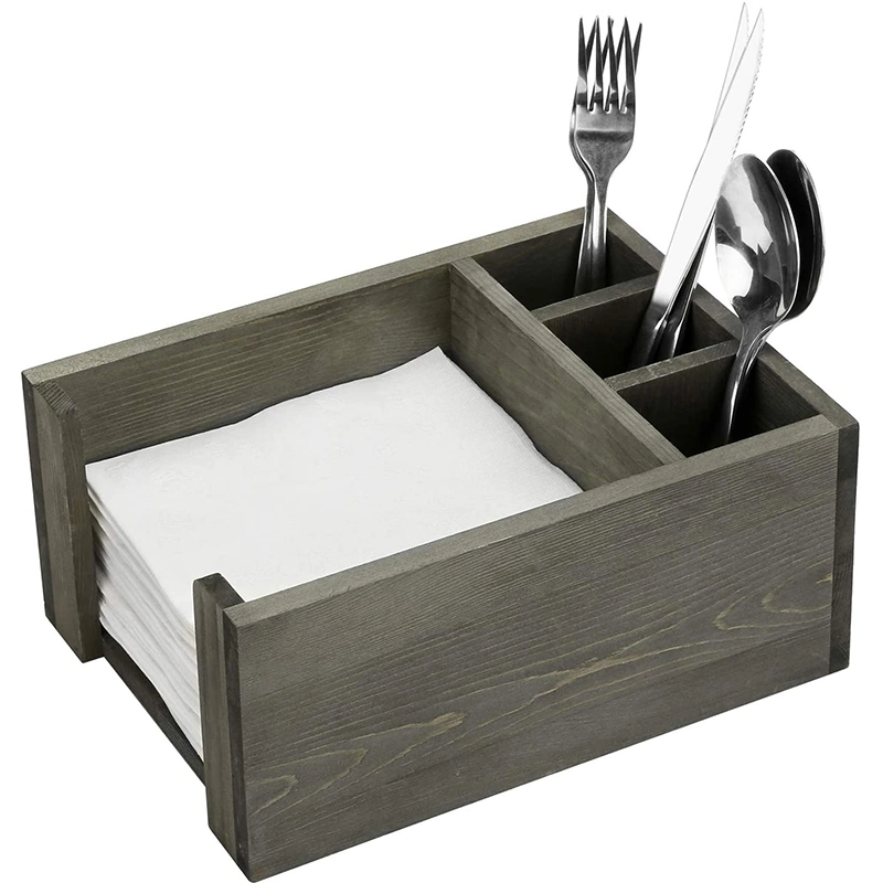 Vintage Gray Wood Napkin Holder and Flatware Holder Caddy, 4 Compartment Flat Napkin Holder and Utensil Flatware Organizer for Table