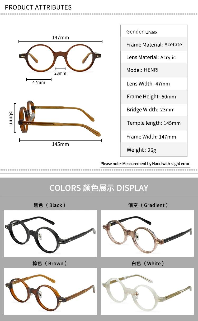 Vintage Round Frames for Eye Glasses Unisex Acetate Eyewear Black Glasses