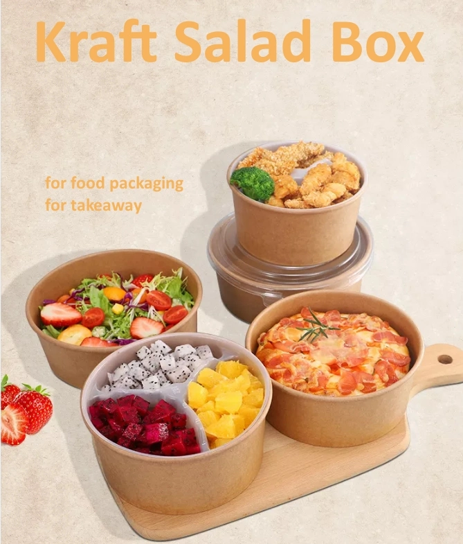 Disposable Fruit Salad Container Packaging Take Away Box Disposable Paper Salad Bowl with Lid