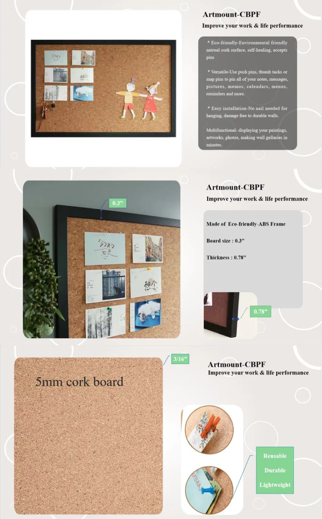 New Design Cork Board with Pins Adhesive ABS Plastic Frame for Picture Display Wall Decor