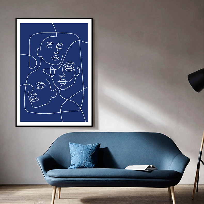 Modern Painting Line Art Blue Character Sketch Artwork Home Wall Decor for Living Room