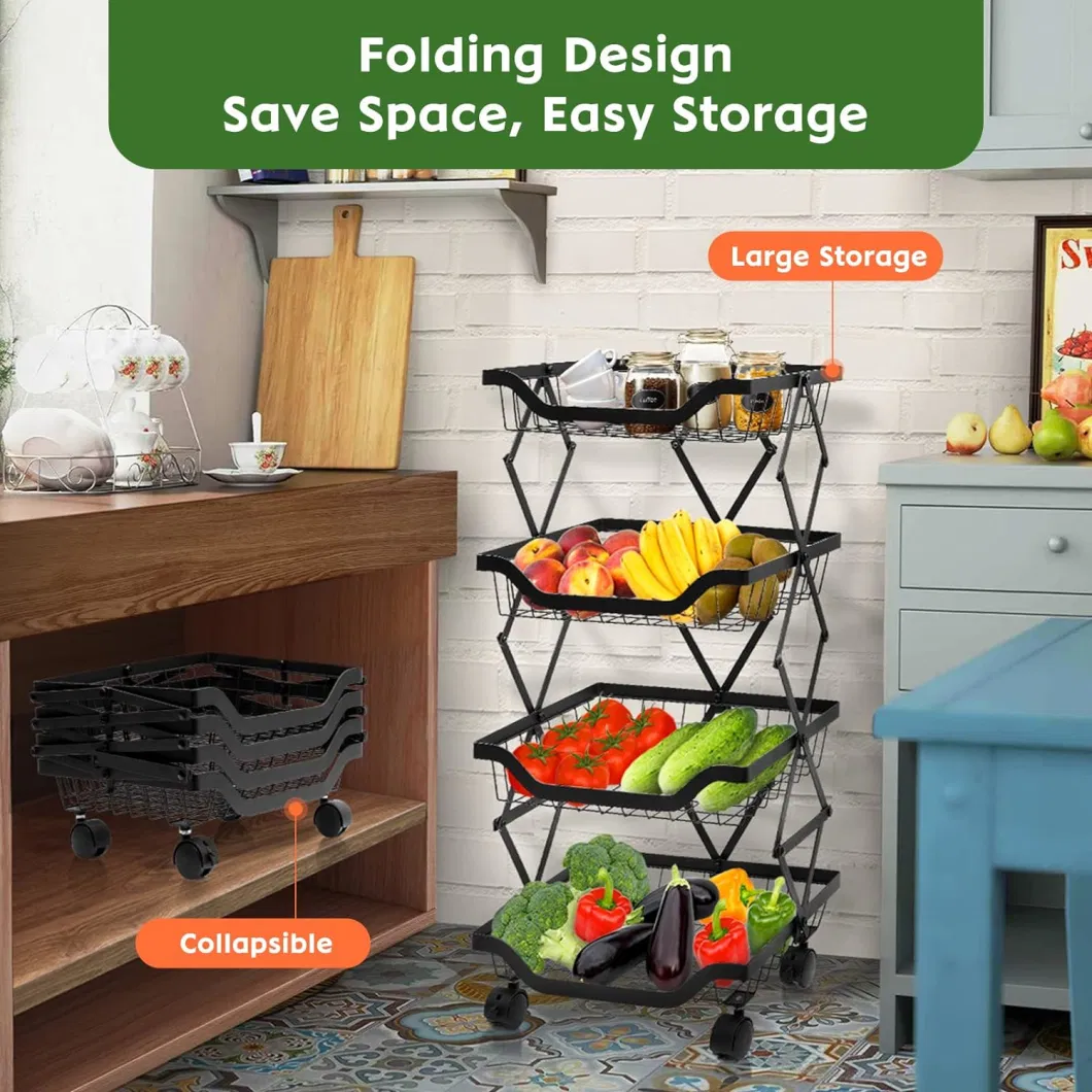 4 Tier Collapsible Metal Wire Storage Pantry Baskets with Wheels Kitchen Storage Rolling Utility Cart Fruit Basket