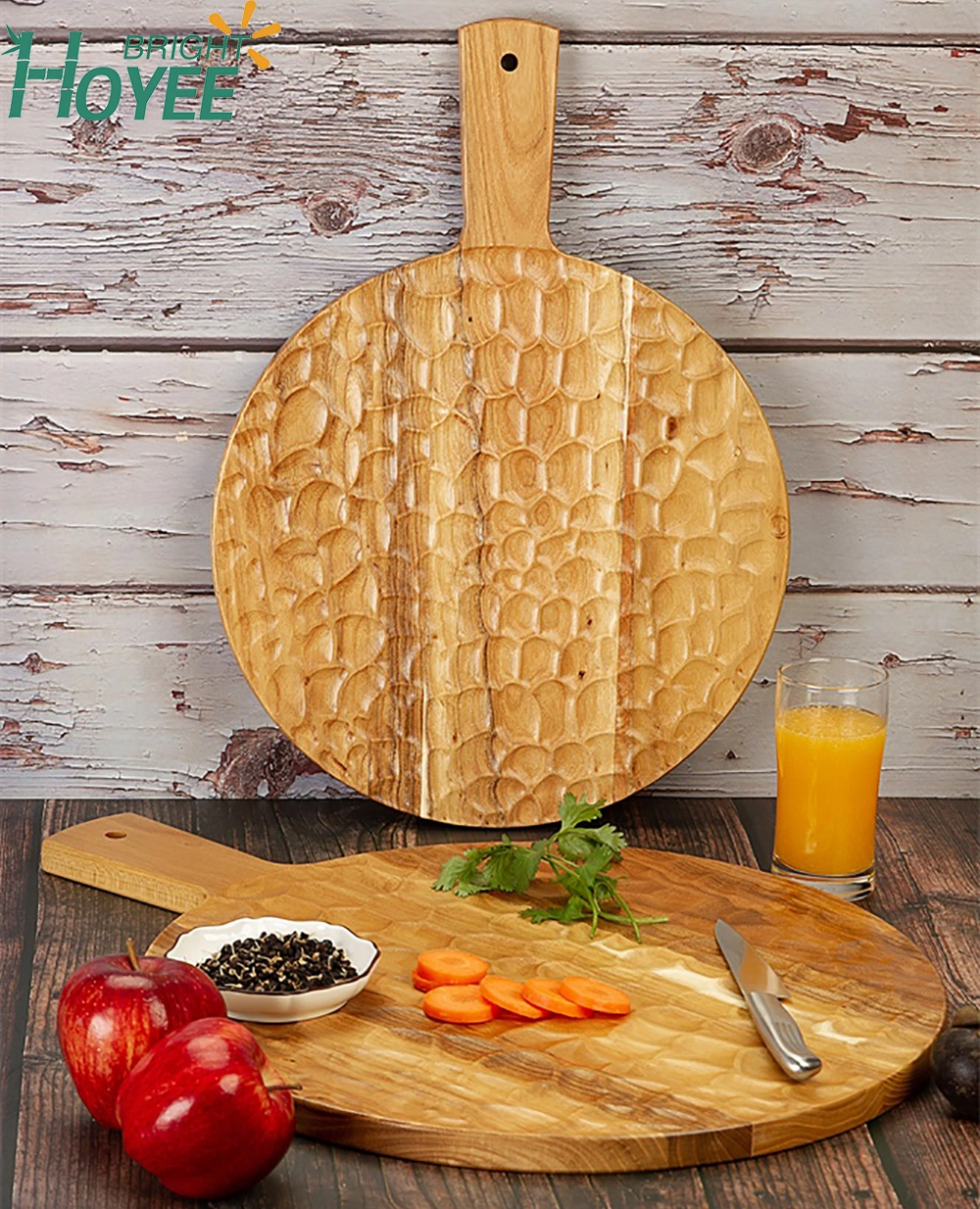 Special Yuzuki Teak Wood Round Serving Tray with Handle