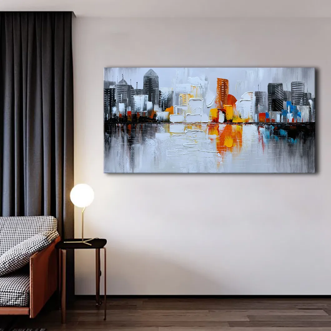 Hand Painted Textured City Oil Painting 3D Cityscape Abstract Wall Art with Thick Oil Paint