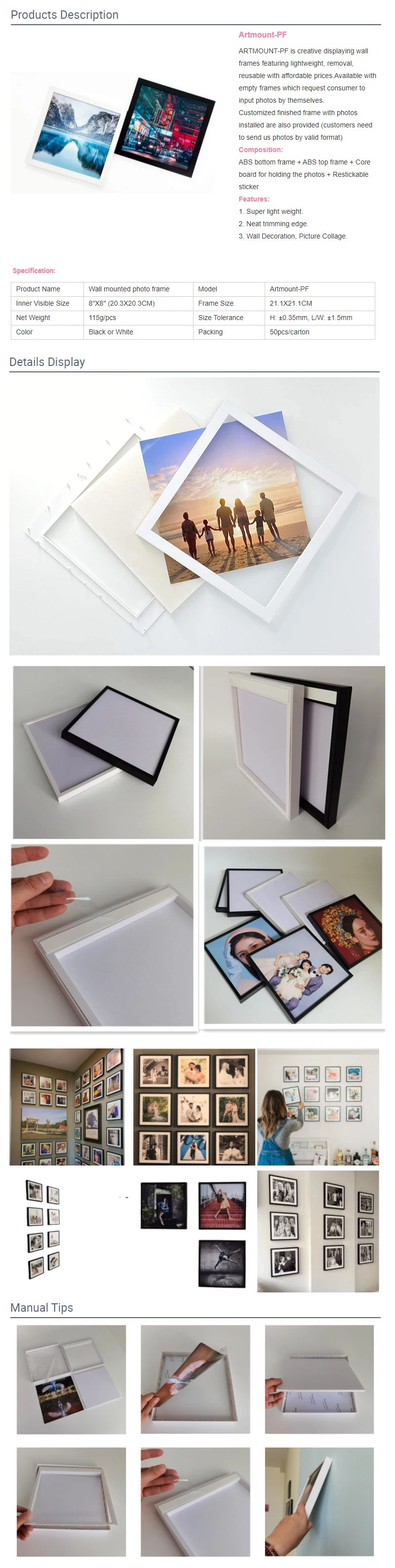 Wholesale Nail-Free 8X8 Inch Durable and Re-Usable Memorial Restickable Wall Mounted ABS Plastic Photo Frame