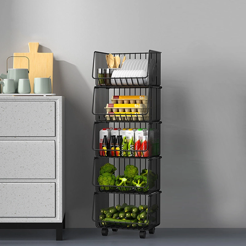 1/2/3/4/5 Layers Mobile Rotating Storage Rack Vegetable and Fruit Carbon Steel Kitchen Trolley Storage Vegetable Basket