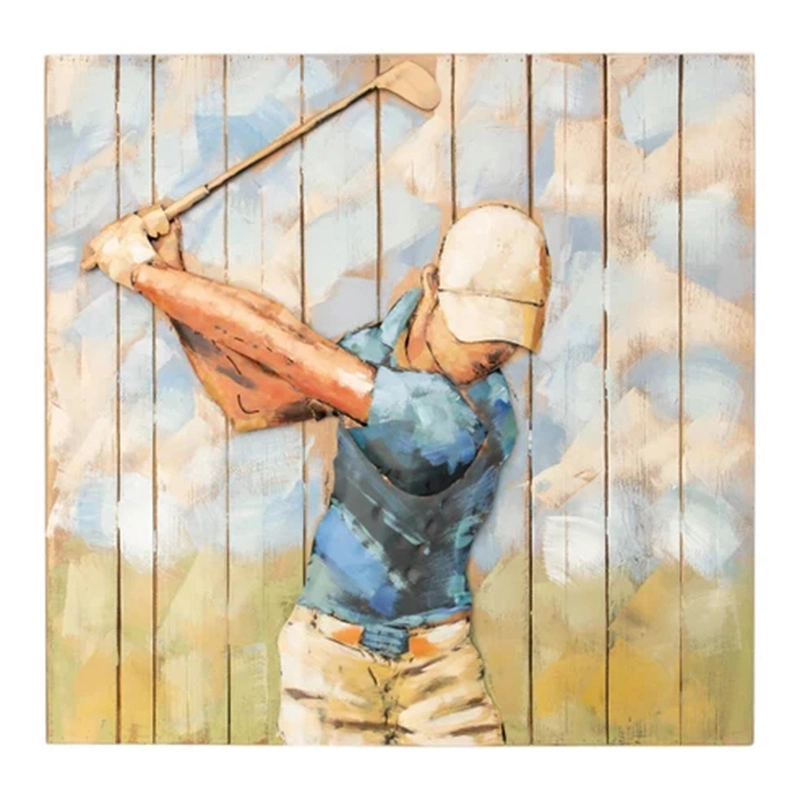 Vancy Arts 3D Metal Wall Art Wood Board Painting Golfer Wall Art Metal Home Decor Original Hand Crafted Oil Painting Masterpiece