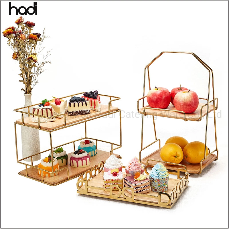 Food Presentation Buffet Display Equipment Gold Decorative Afternoon Presentoir Cake Tea Set Luxury Wood Serving Tray with Stand