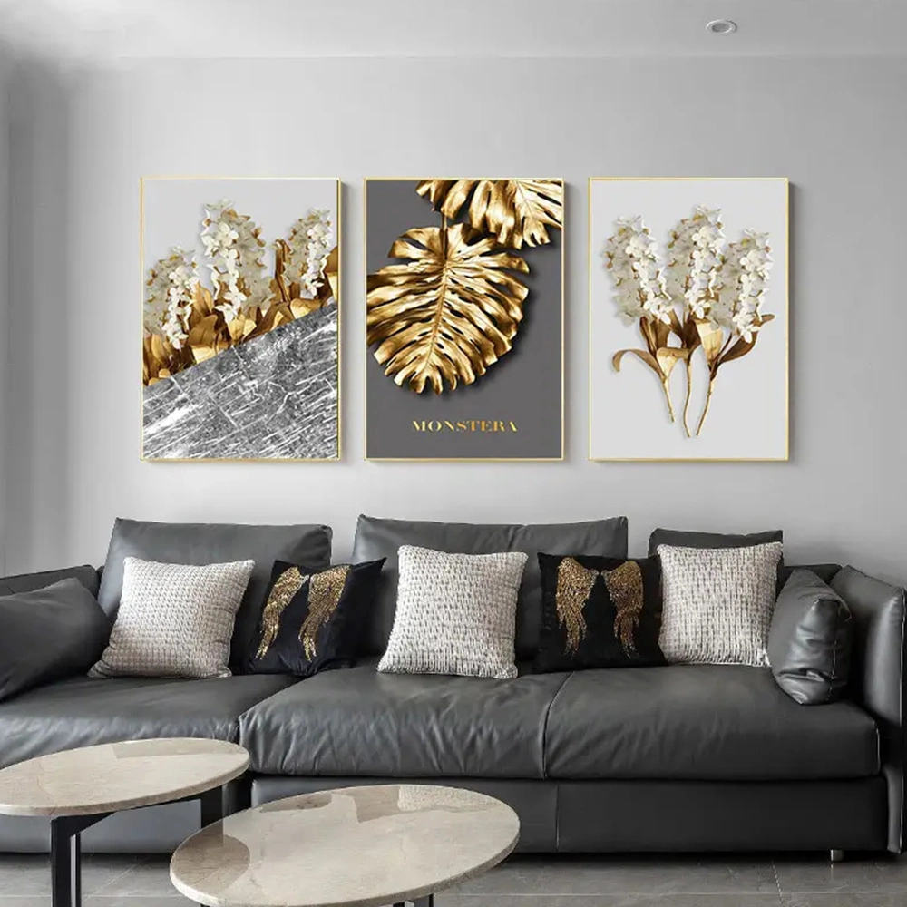 Wholesale Custom 3 Panels Abstract Floating Frame Canvas Wall Art Home Decor Gold Foil Picture Design Frame Canvas Wall Art