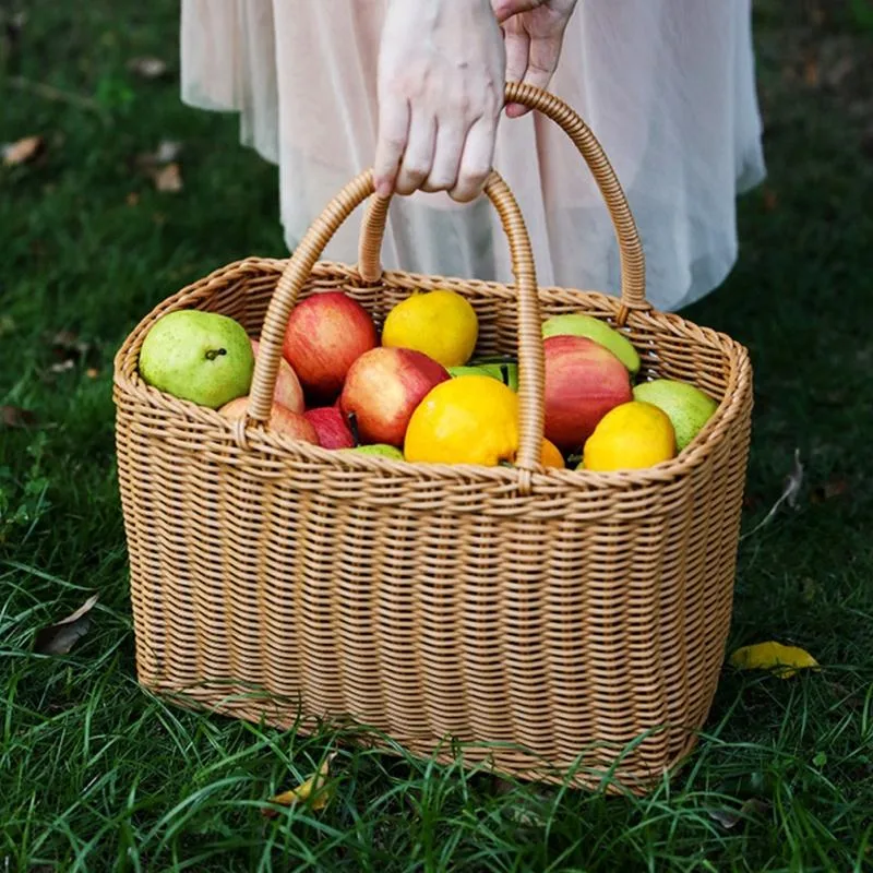 Plastic Rattan Woven Carrying Basket Flower Fruit Holder