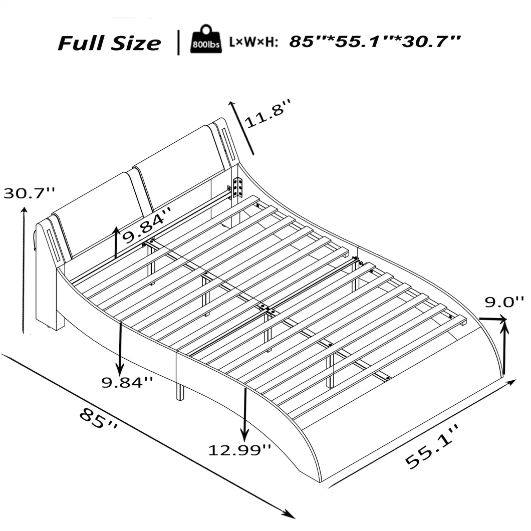 Willsoon Low-Profile Platform Bed Frame Modern Design Queen/Full Size Wave-Like Upholstered Leather Bed LED Light Wooden Frame