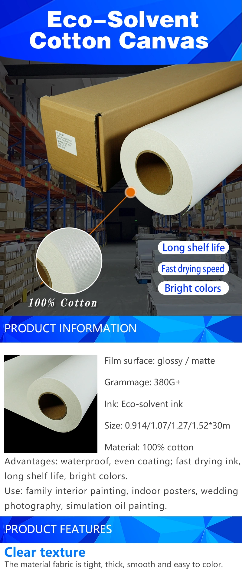 White Polyester Eco Solvent Glossy Printed Blank Digital Inkjet Printing Painting Canvas