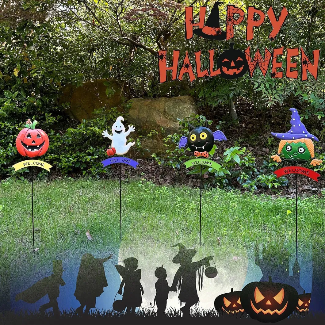 Beautiful Garden Decoration Halloween Yard Signs with Stake, Pumpkins, Ghost, Bat &amp; Witch, Decorative Garden Metal Stakes, Halloween Themed Party Lawn Decor