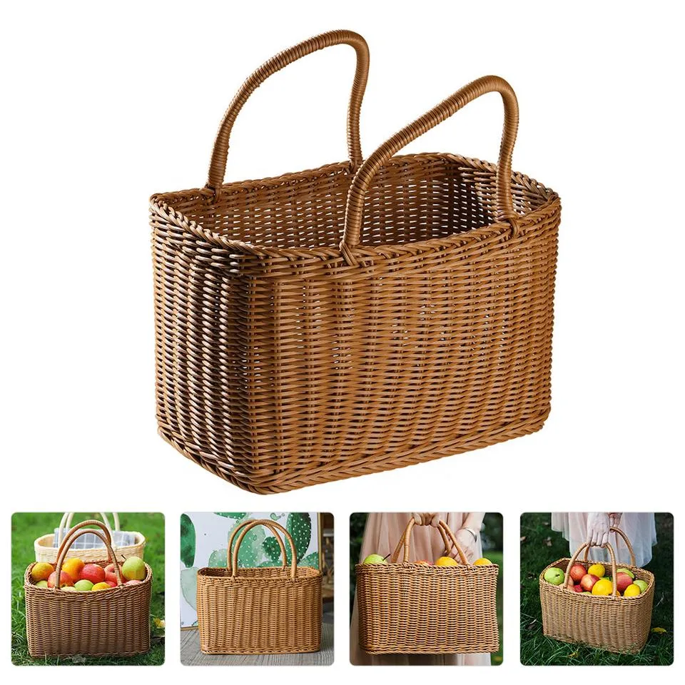 Plastic Rattan Woven Carrying Basket Flower Fruit Holder