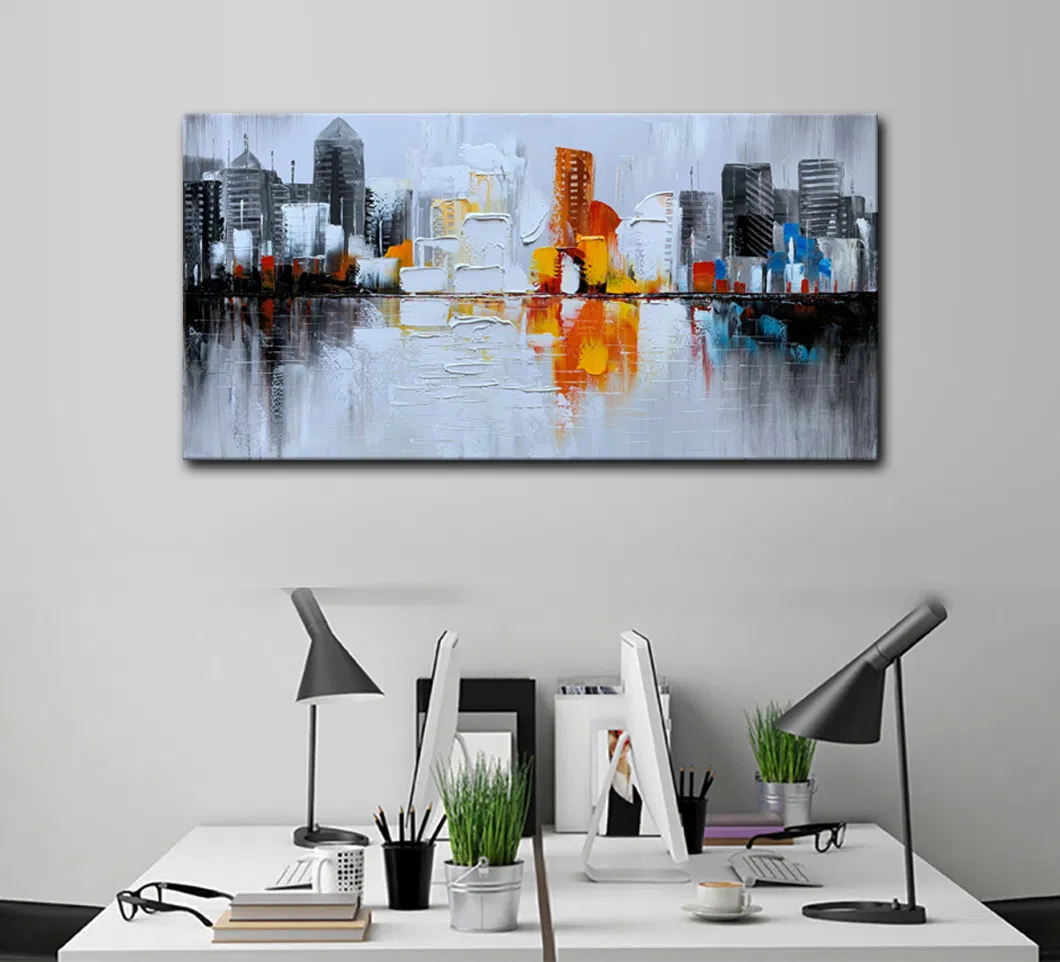 Hand Painted Textured City Oil Painting 3D Cityscape Abstract Wall Art with Thick Oil Paint