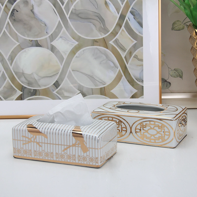 T028 Exquisite Household Birdcage Pattern Gold Tissue Box Cover Ceramic Napkin Holder for Table