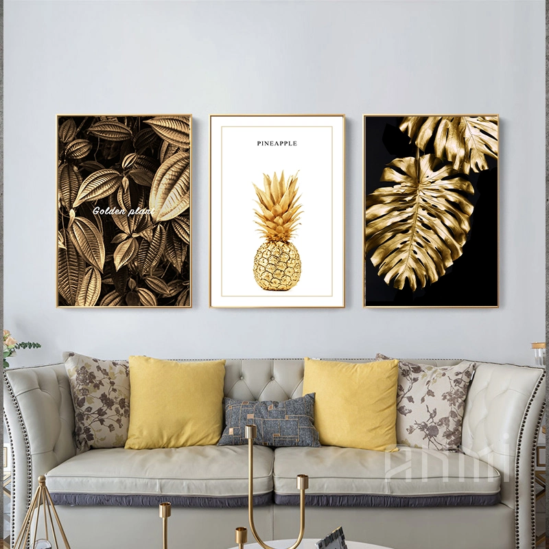 3 Panels Floating Frame Wall Art Home Decor Golden Leaves Canvas Painting Wall Art