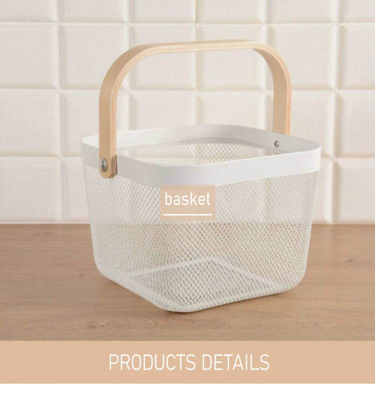 Portable Metal Mesh Baskets Fruit Holder with Wood Handle Wire Nesting Baskets