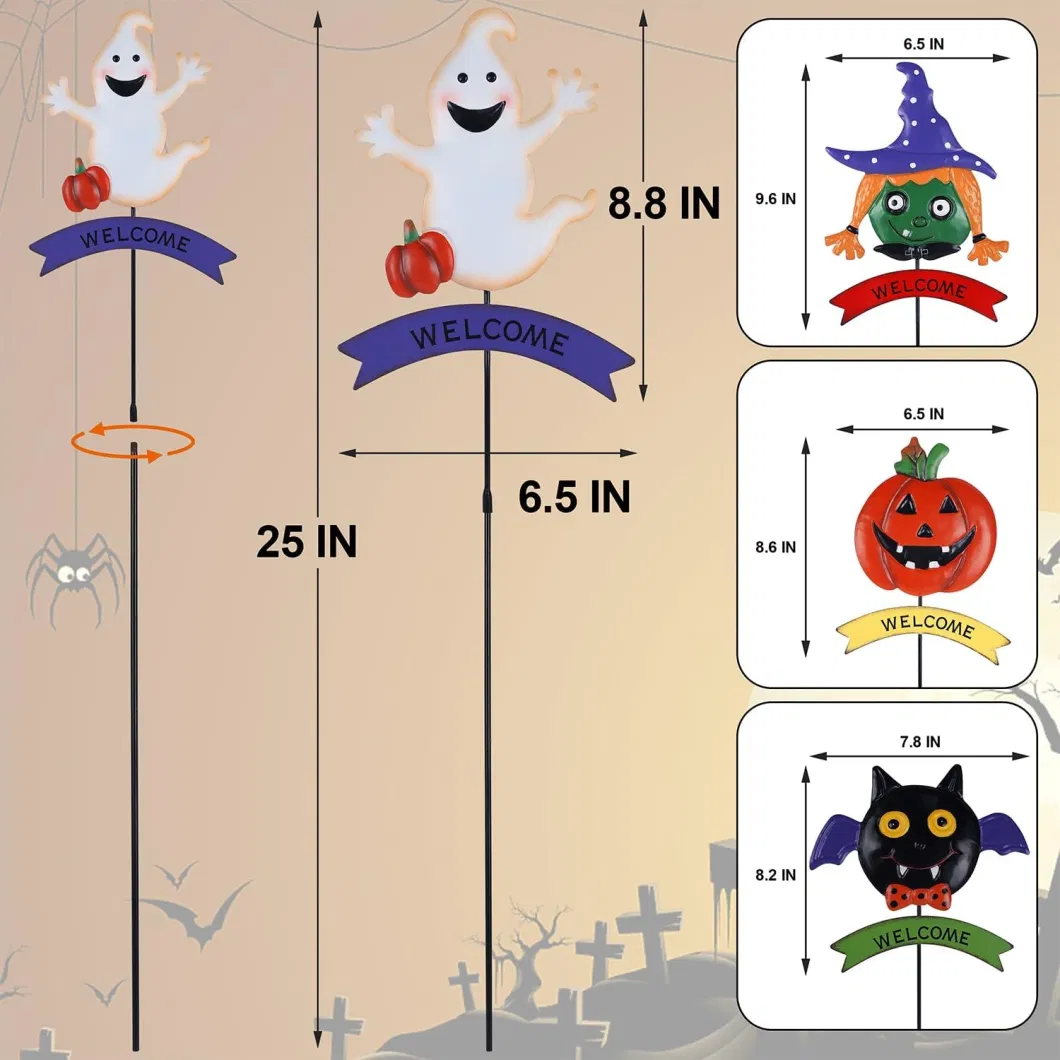 Beautiful Garden Decoration Halloween Yard Signs with Stake, Pumpkins, Ghost, Bat &amp; Witch, Decorative Garden Metal Stakes, Halloween Themed Party Lawn Decor