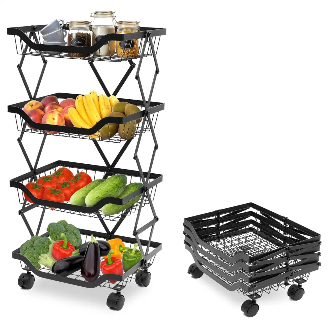 4 Tier Collapsible Metal Wire Storage Pantry Baskets with Wheels Kitchen Storage Rolling Utility Cart Fruit Basket