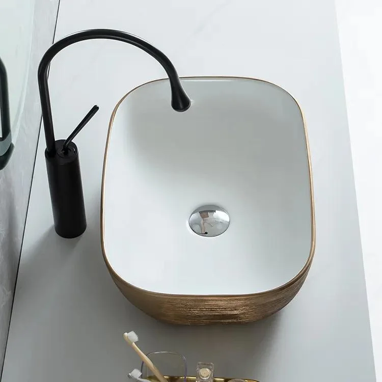 Luxury Sanitary Ware Table Top White Decorated Wash Gold Washbasin Art Bathroom Sink Ceramic Golden Basin