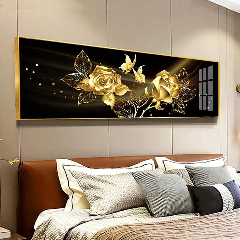 Abstract Painting Black Gold Rose Flower Crystal Porcelain Bedroom Decoration Wall Art