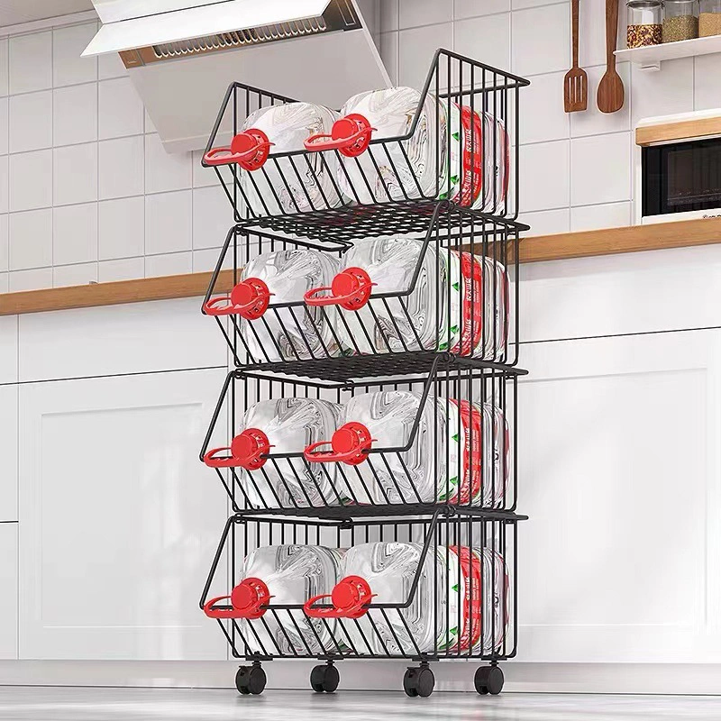 1/2/3/4/5 Layers Mobile Rotating Storage Rack Vegetable and Fruit Carbon Steel Kitchen Trolley Storage Vegetable Basket