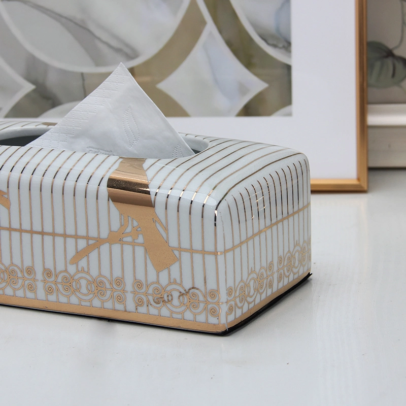 T028 Exquisite Household Birdcage Pattern Gold Tissue Box Cover Ceramic Napkin Holder for Table