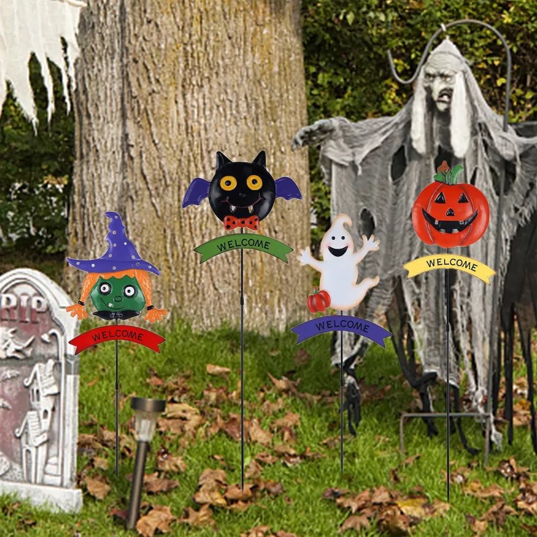 Beautiful Garden Decoration Halloween Yard Signs with Stake, Pumpkins, Ghost, Bat &amp; Witch, Decorative Garden Metal Stakes, Halloween Themed Party Lawn Decor