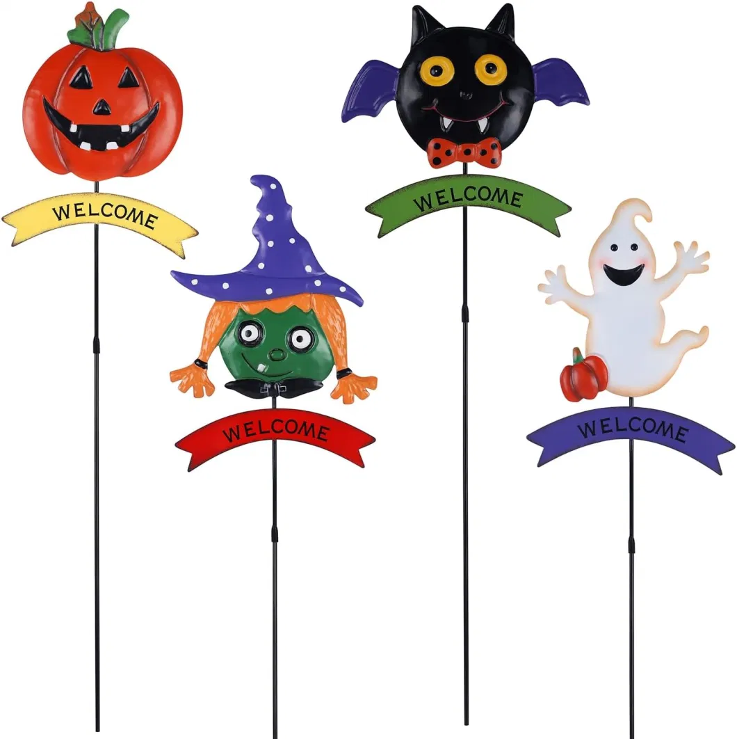 Beautiful Garden Decoration Halloween Yard Signs with Stake, Pumpkins, Ghost, Bat &amp; Witch, Decorative Garden Metal Stakes, Halloween Themed Party Lawn Decor