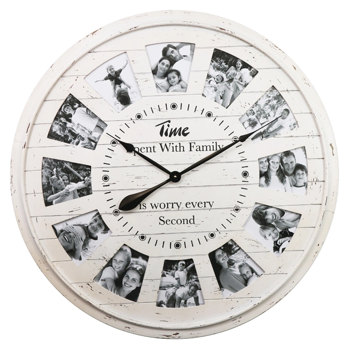 White Multi Photo Display Frame Modern Design Clock Picture Collage 12 Photo Display MDF Wall Clock for Home Decor