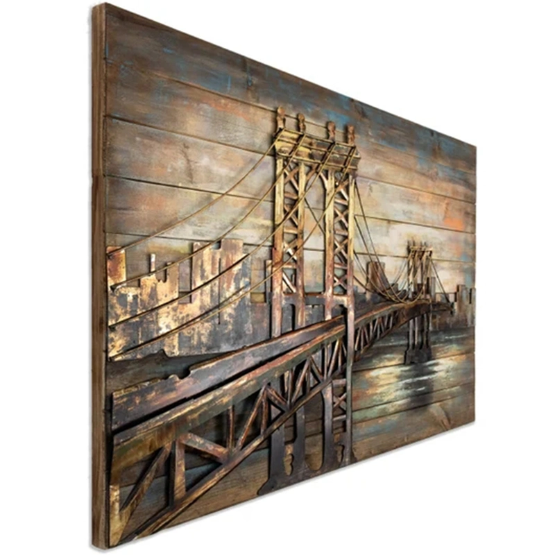 Vancy Arts Hammered Galvanized Metal Wall Art Wood Board Painting Bridge Ready to Hang 3D Metal Wall Art Abstract Home Decor