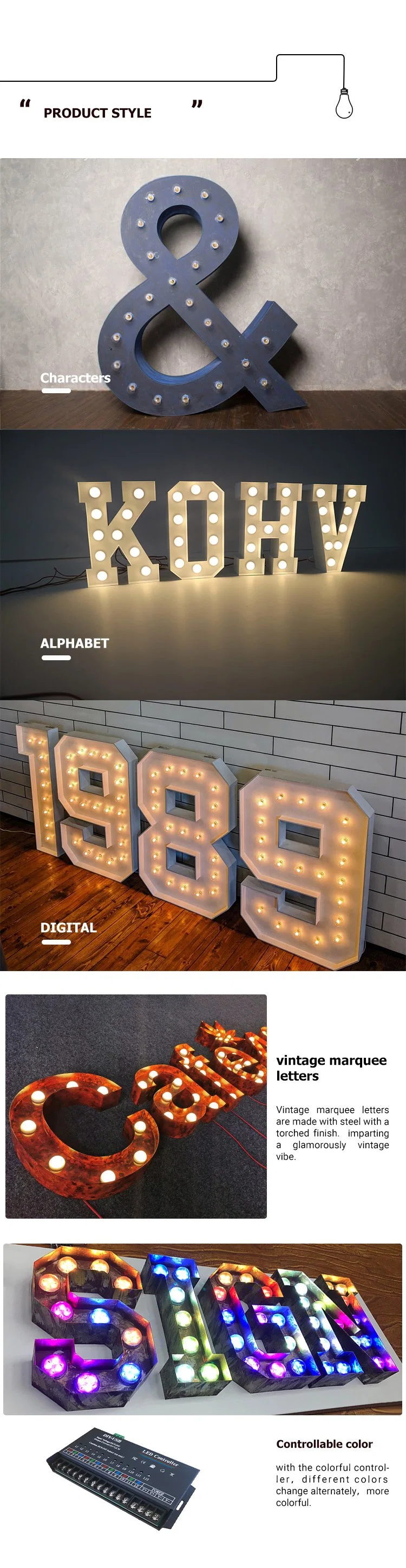 Custom Size Decorative Iron Light up Letters Sign Metal Bulb Alphabet Letter Lights Wedding Marquee Letter Light