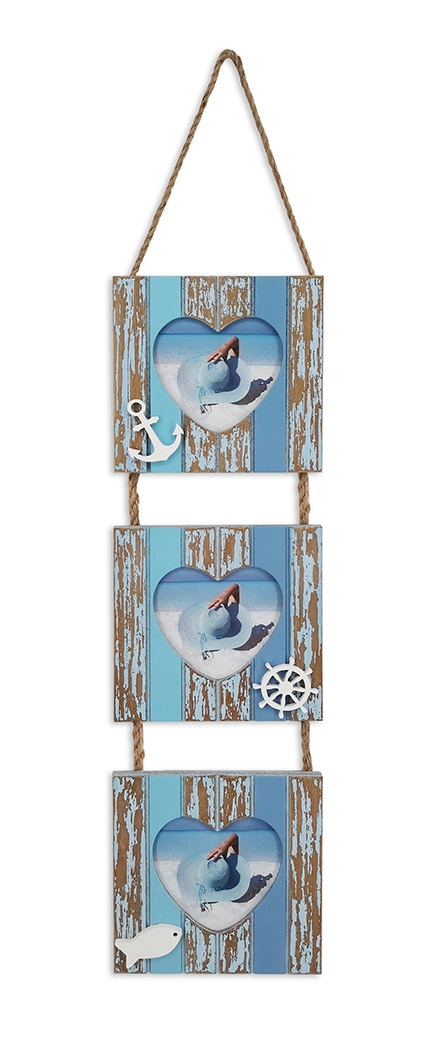 Marine Style Wooden Photo Frame with Rope Hanging, 3 Photo Frames in Heart Shape with Cutting Ocean Style Decor, Promotional Photo Frame