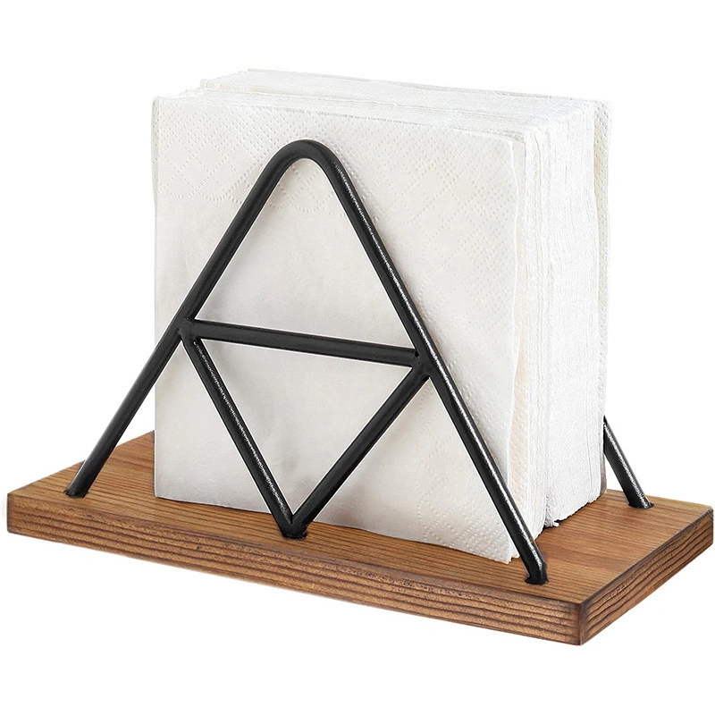 Triangle Paper Towel Rack Wood Metal Upright Napkin Rack Portable Wrought Iron Wooden Tissue Holder