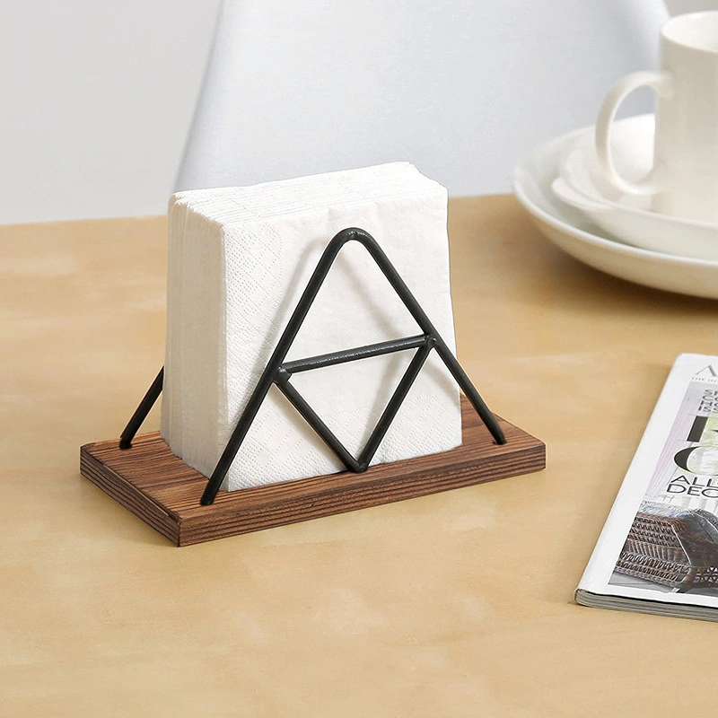 Triangle Paper Towel Rack Wood Metal Upright Napkin Rack Portable Wrought Iron Wooden Tissue Holder