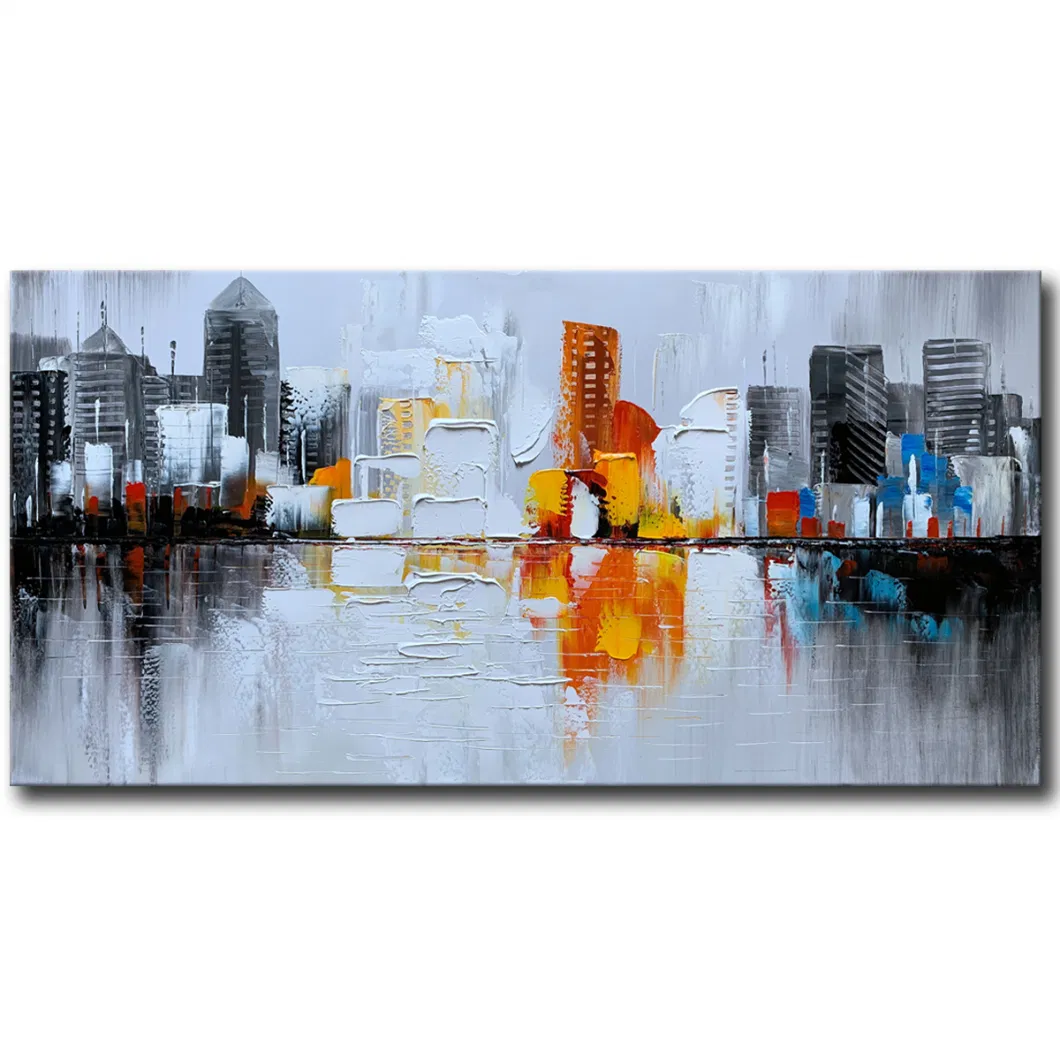 Hand Painted Textured City Oil Painting 3D Cityscape Abstract Wall Art with Thick Oil Paint