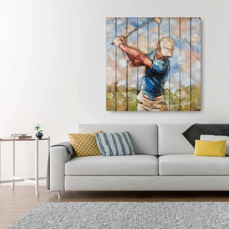 Vancy Arts 3D Metal Wall Art Wood Board Painting Golfer Wall Art Metal Home Decor Original Hand Crafted Oil Painting Masterpiece