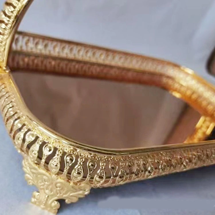 Rectangular Golden Fruit Basket with Mirror Glass Decorative Tray with Handle