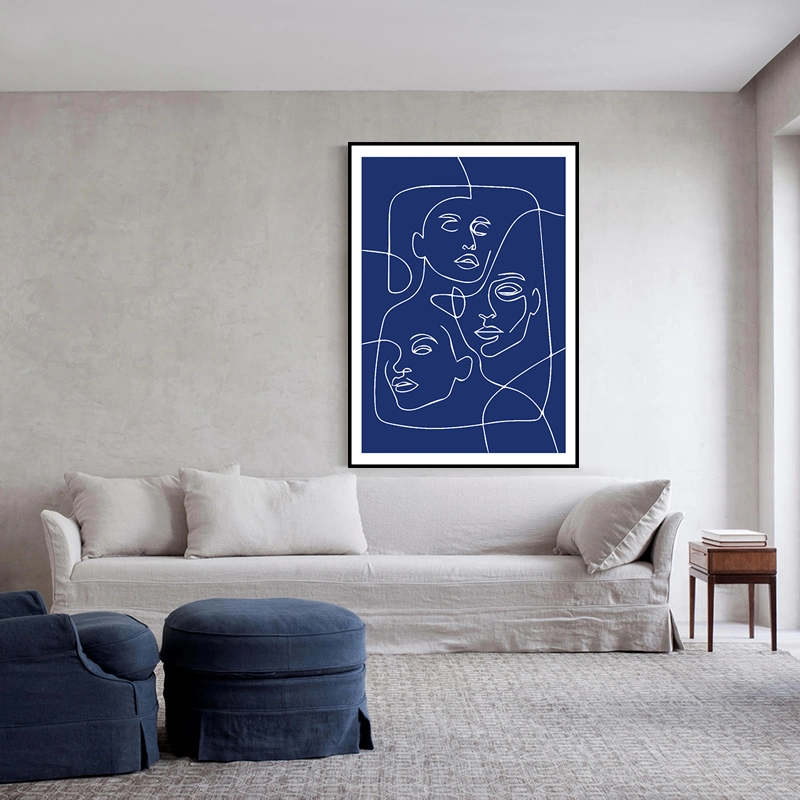 Modern Painting Line Art Blue Character Sketch Artwork Home Wall Decor for Living Room