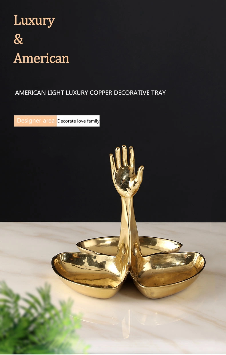 American All Brass Decorative Bowl Palm Shape Design Desktop Decorative Metal Dish Dry Food Fruit Gift Decoration Tray